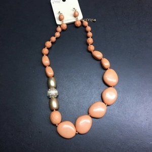 Chunky Necklace Earrings As Is Peach Gold Rhinestone Dangle Pierced Retro BoHo